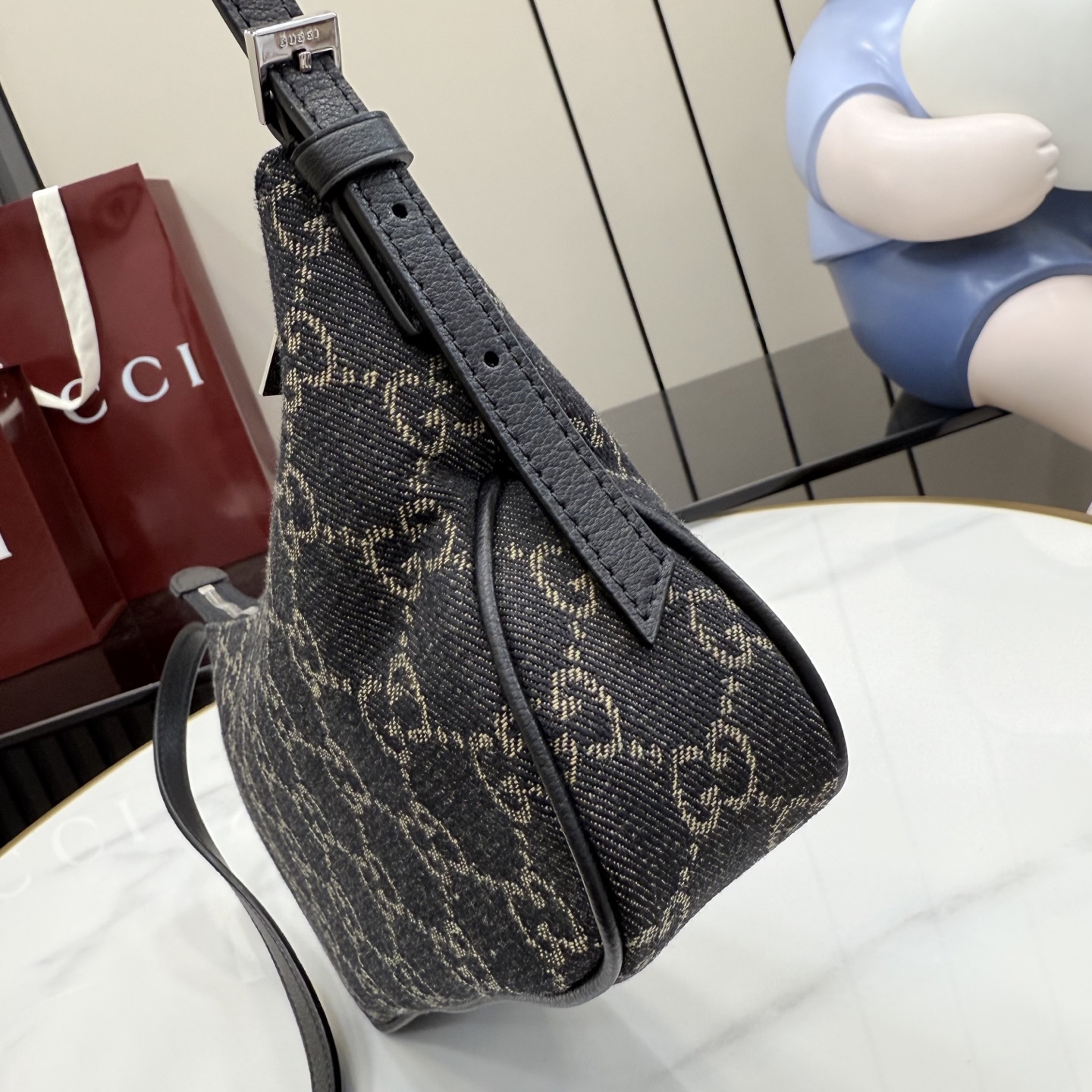 gucci lady lunetta black gg denim shoulder bag