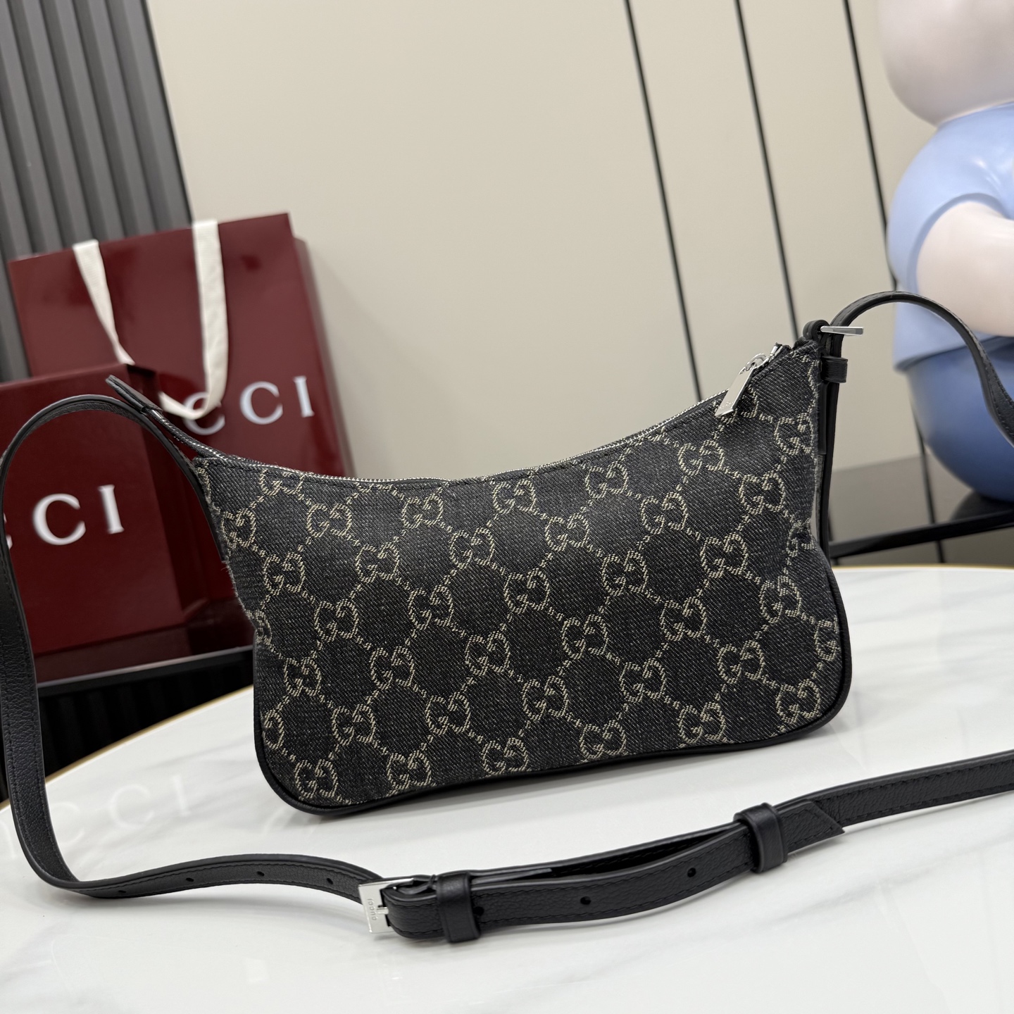 gucci lady lunetta black gg denim shoulder bag