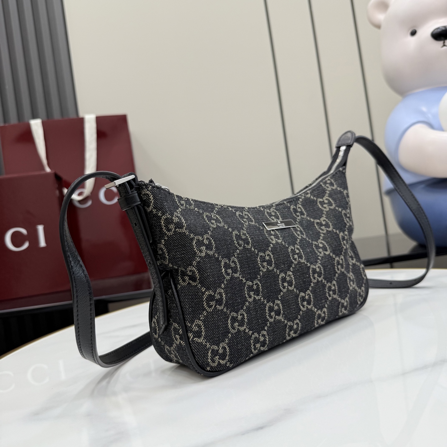 gucci lady lunetta black gg denim shoulder bag