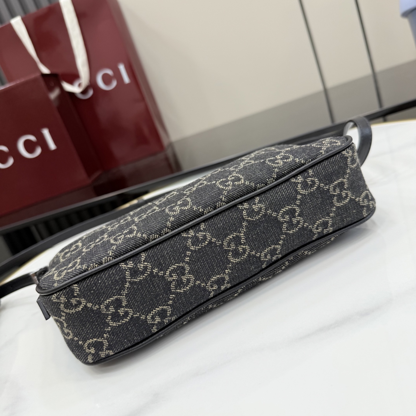 gucci lady lunetta black gg denim shoulder bag