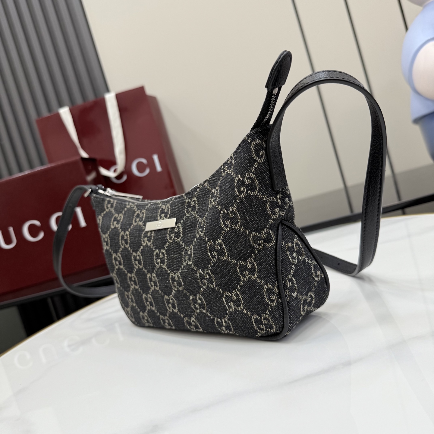 gucci lady lunetta black gg denim shoulder bag