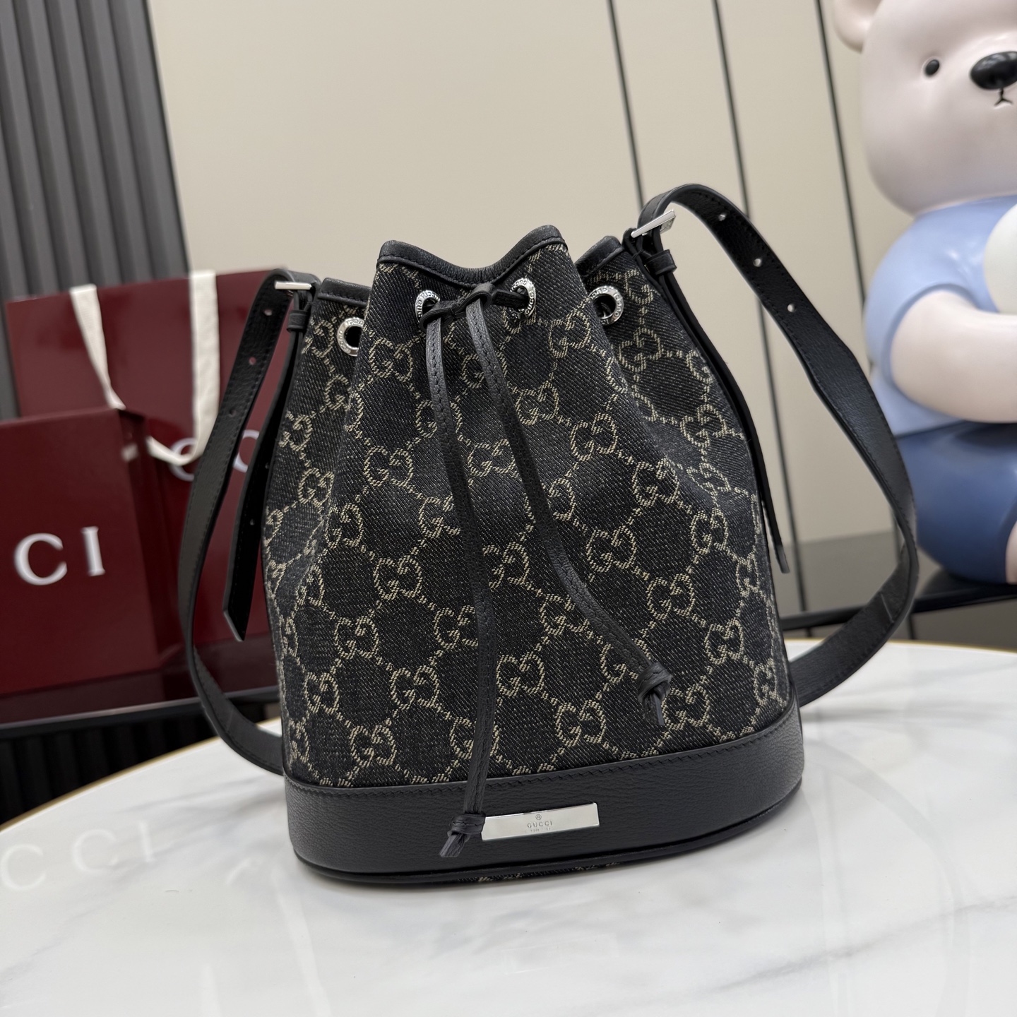 gucci venice black gg denim bucket bag