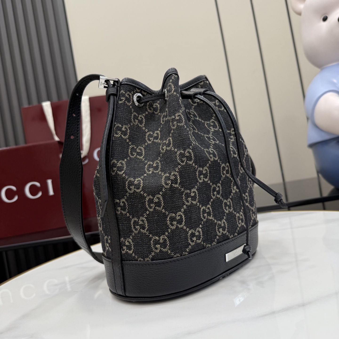 gucci venice black gg denim bucket bag
