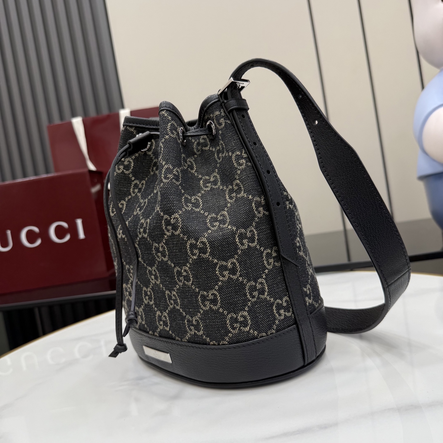 gucci venice black gg denim bucket bag
