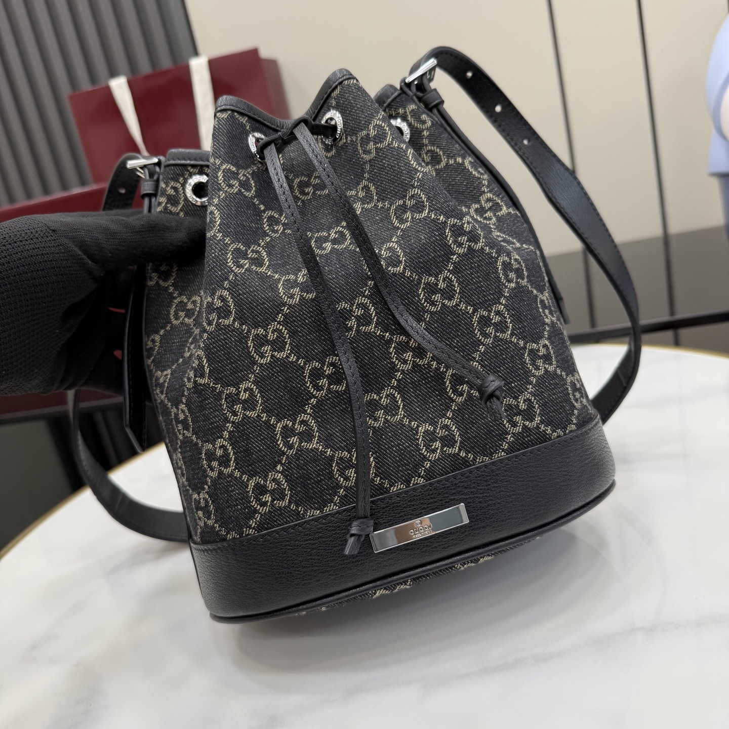 gucci venice black gg denim bucket bag