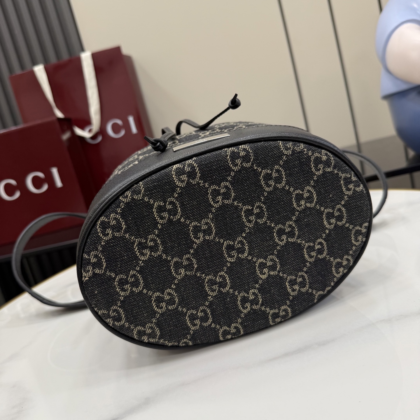 gucci venice black gg denim bucket bag