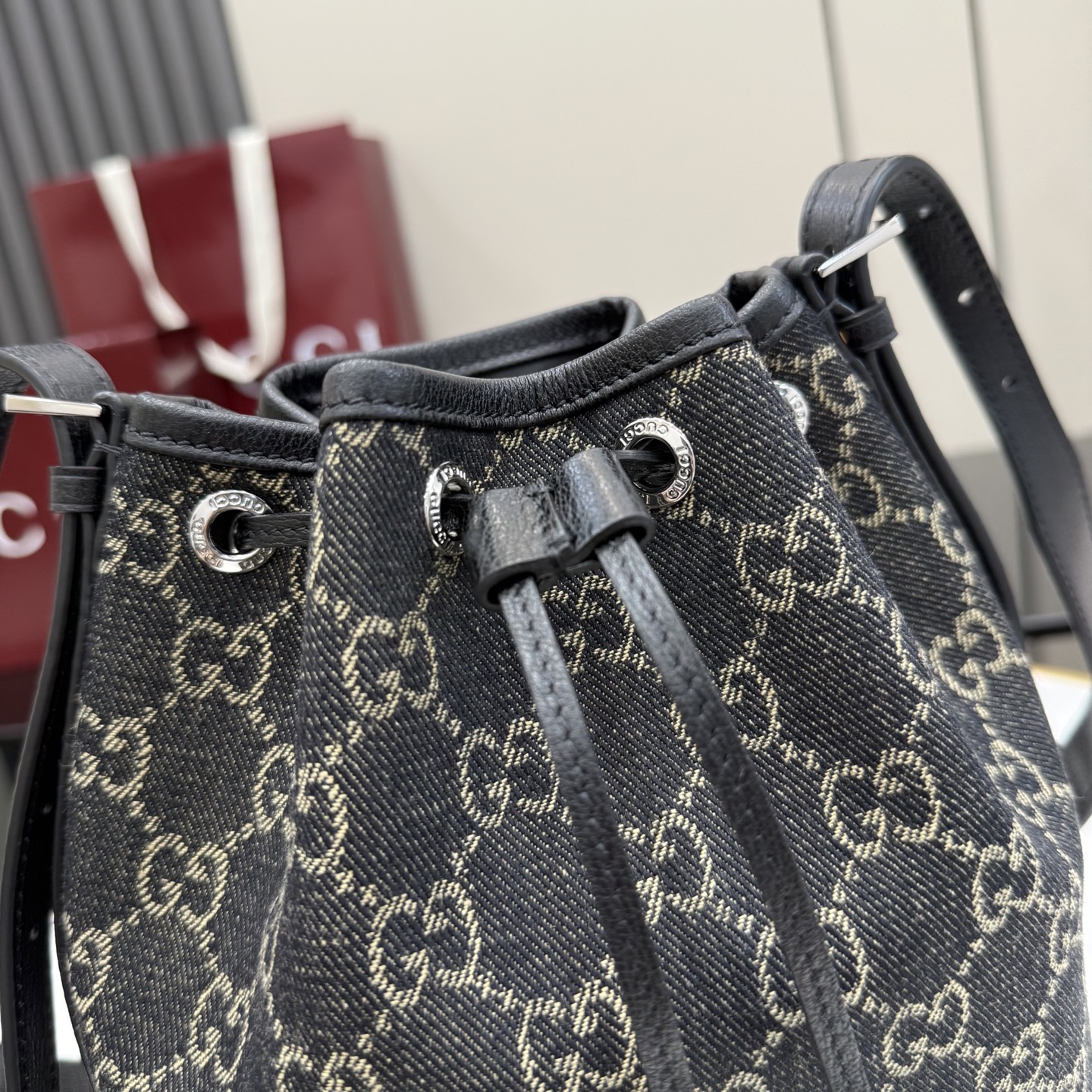 gucci venice black gg denim bucket bag