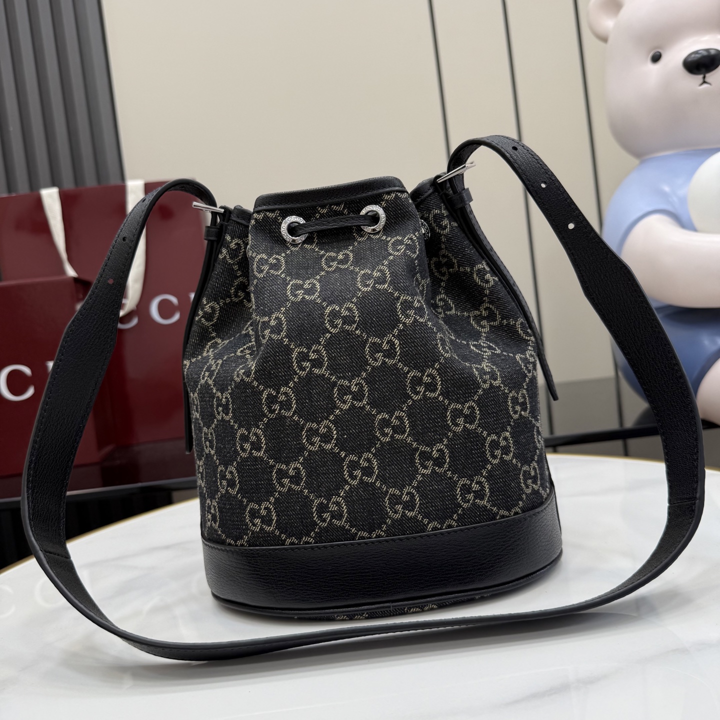 gucci venice black gg denim bucket bag