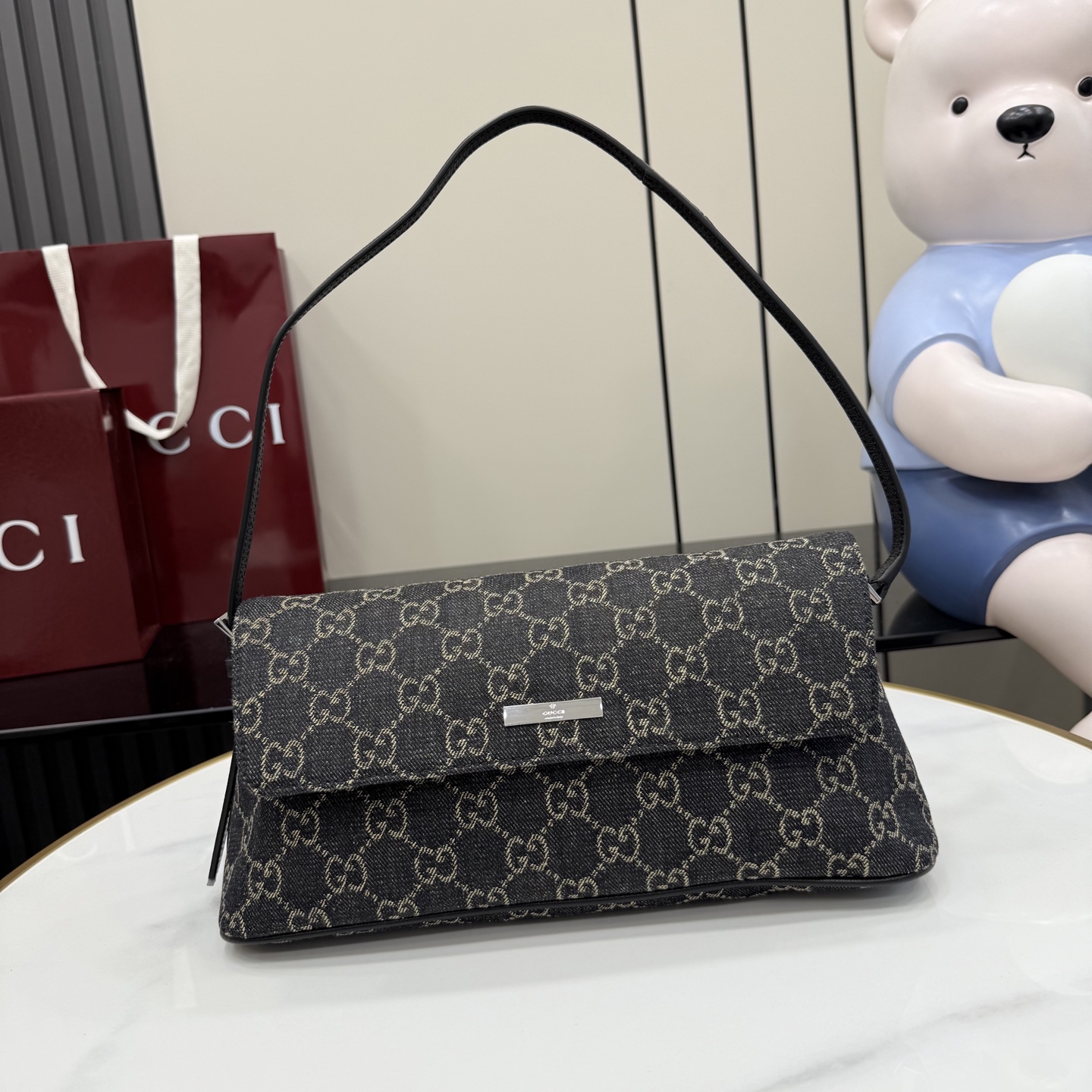 gucci madison black gg denim shoulder bag