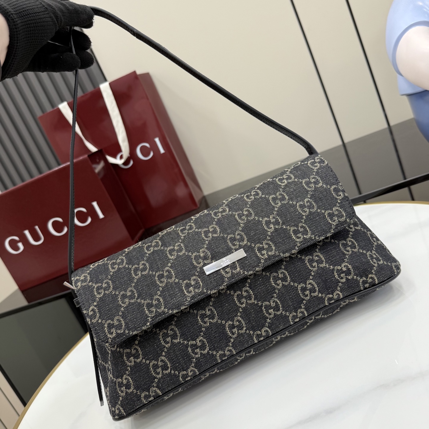 gucci madison black gg denim shoulder bag