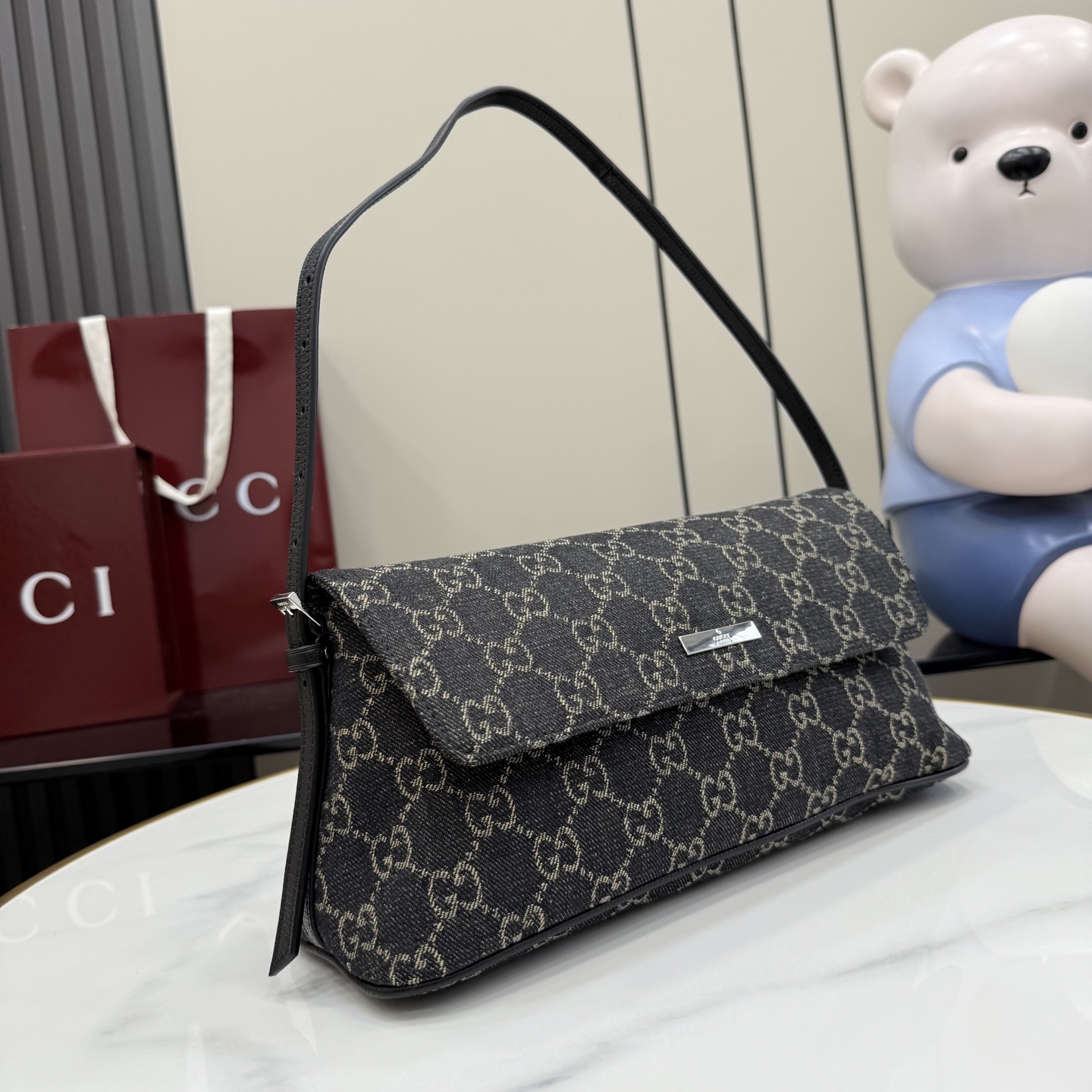 gucci madison black gg denim shoulder bag
