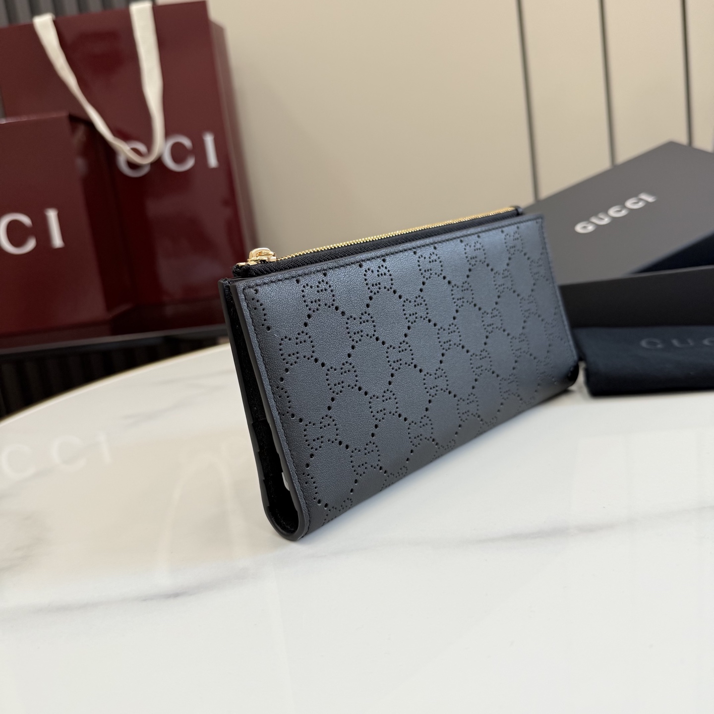 gucci black perforated gg leather long wallet