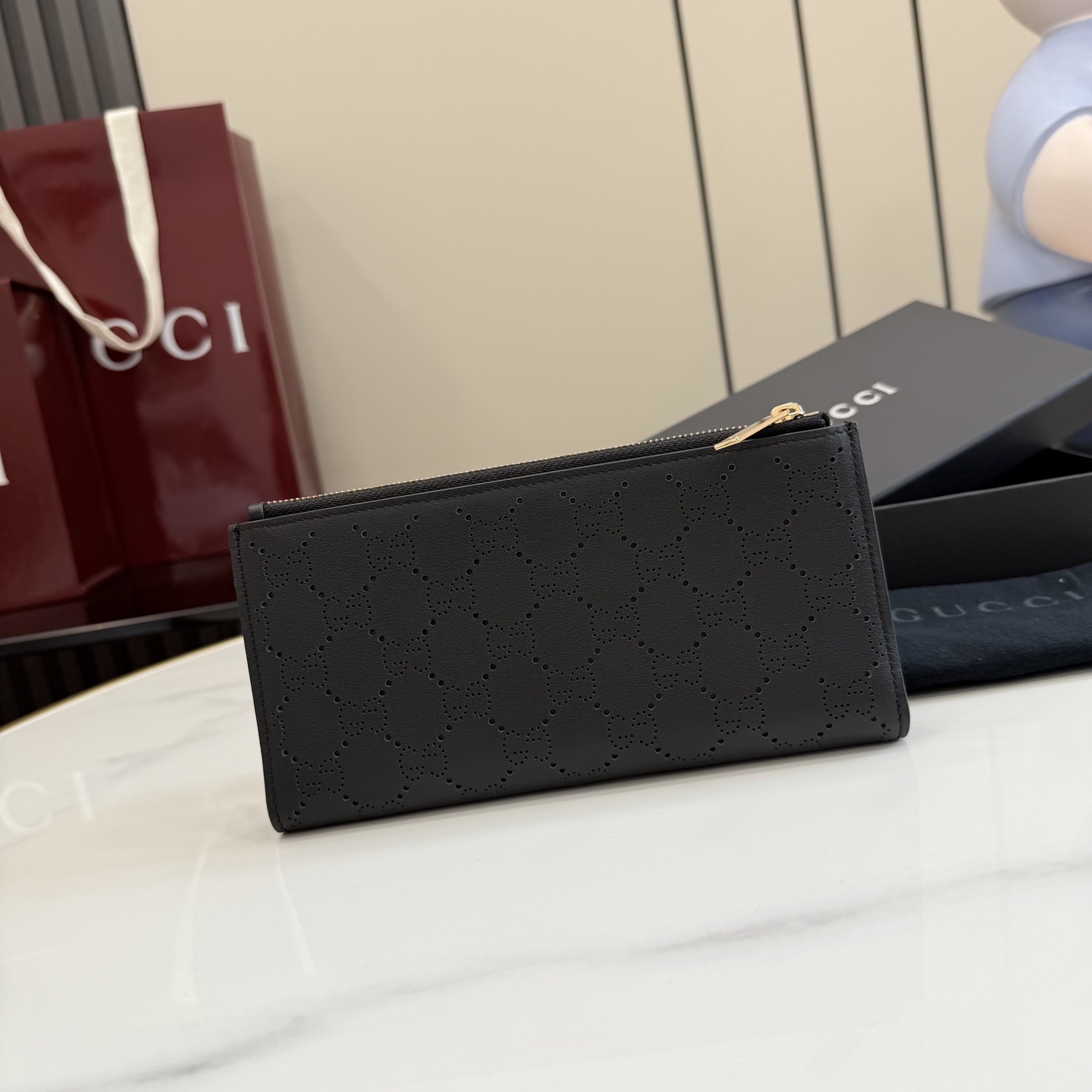 gucci black perforated gg leather long wallet