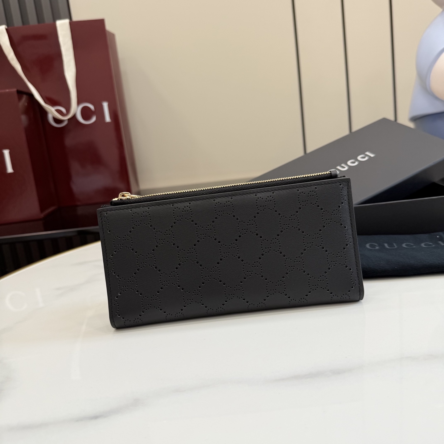 gucci black perforated gg leather long wallet