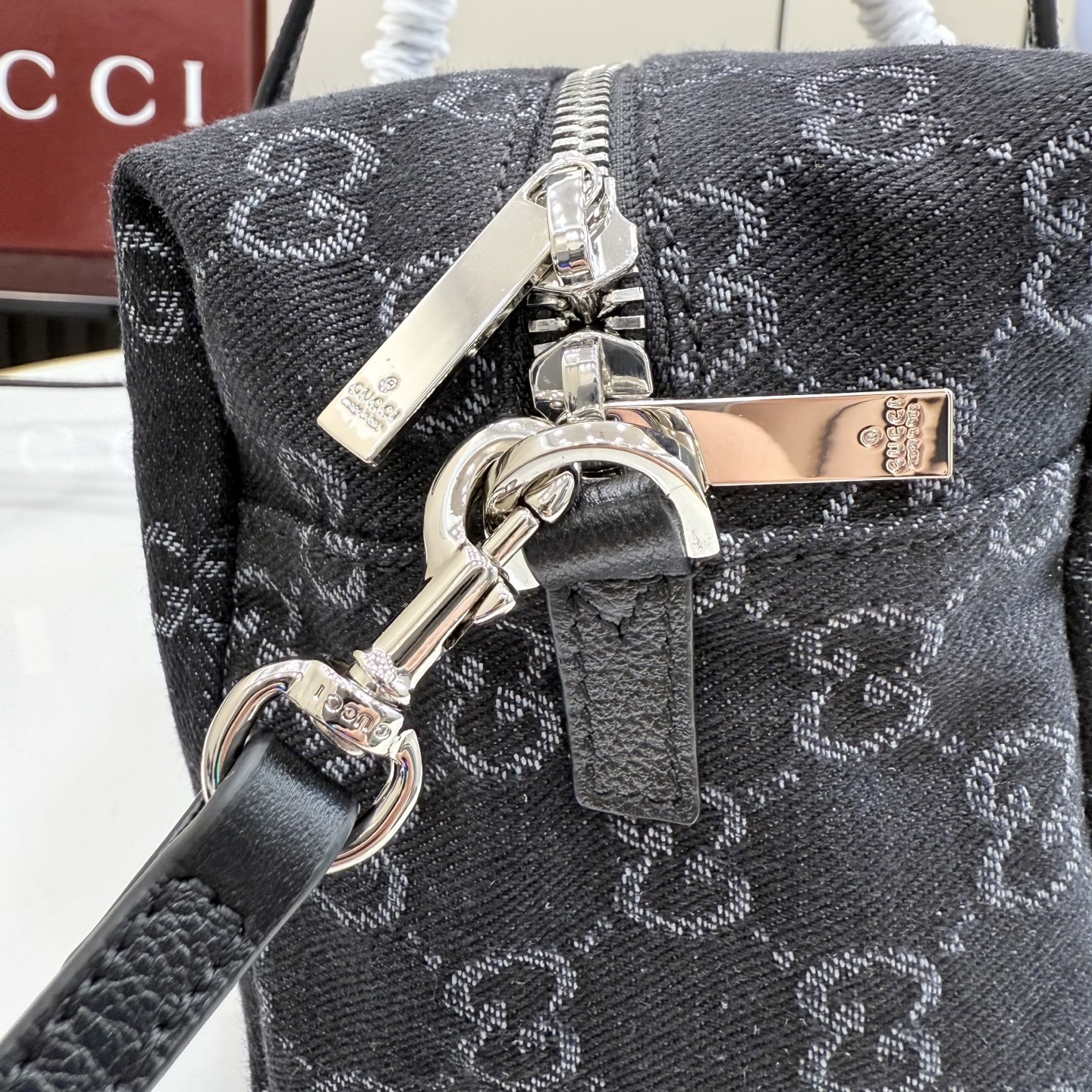 gucci small black gg denim boston bag