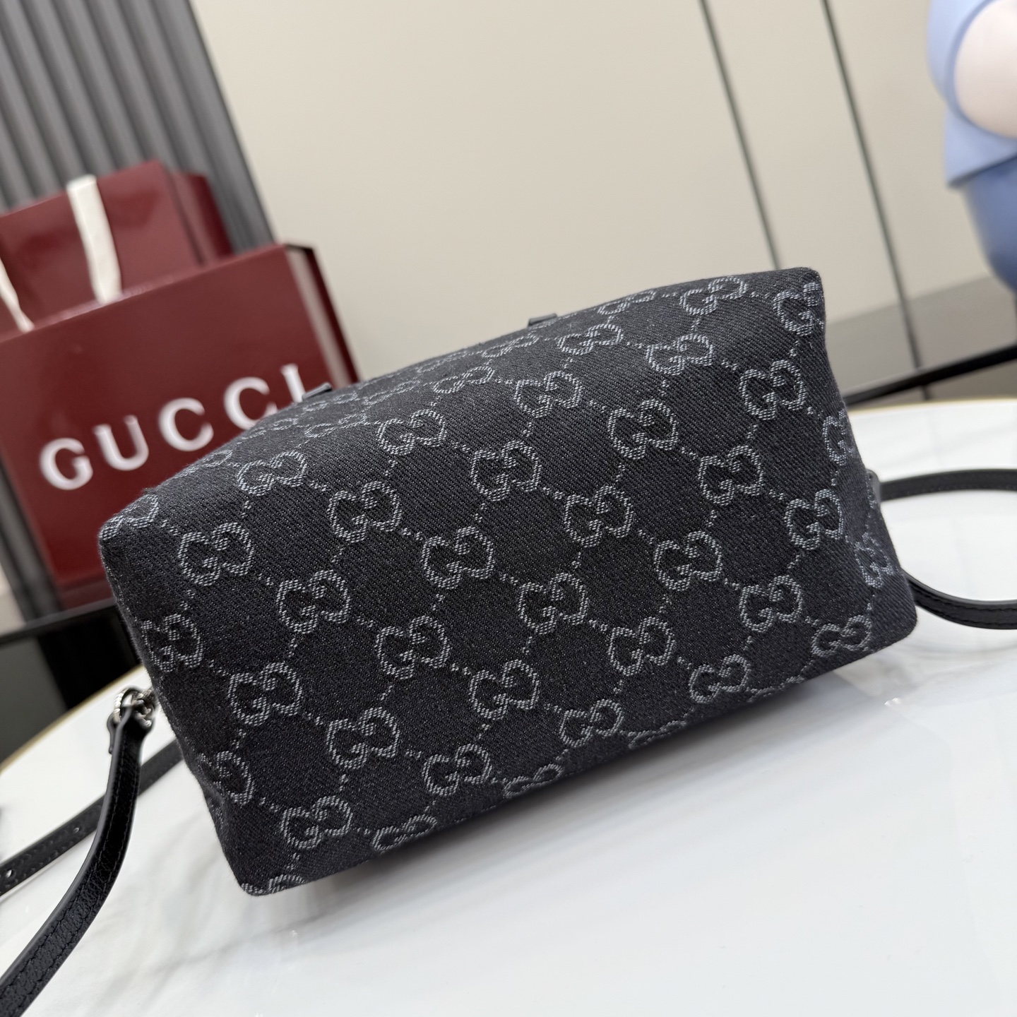 gucci small black gg denim boston bag