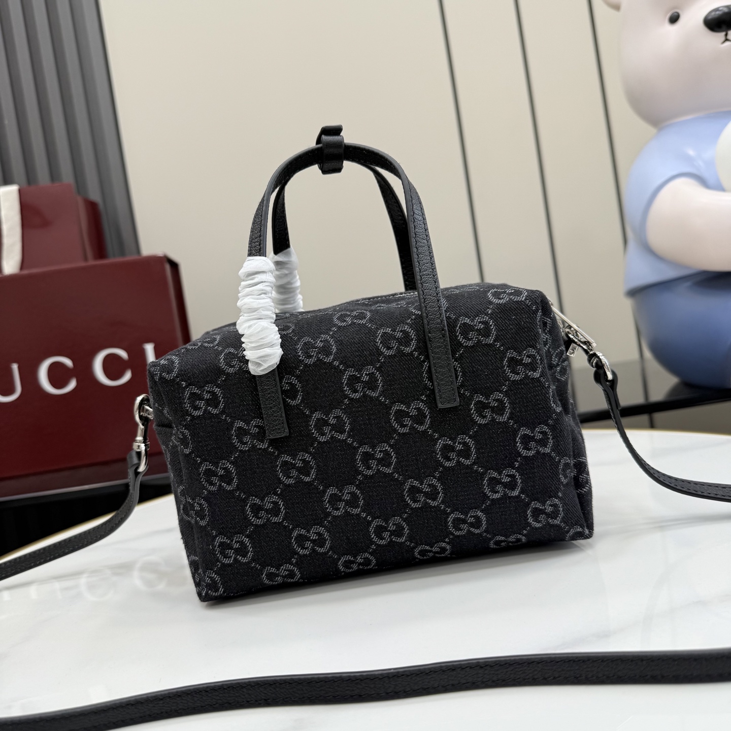 gucci small black gg denim boston bag