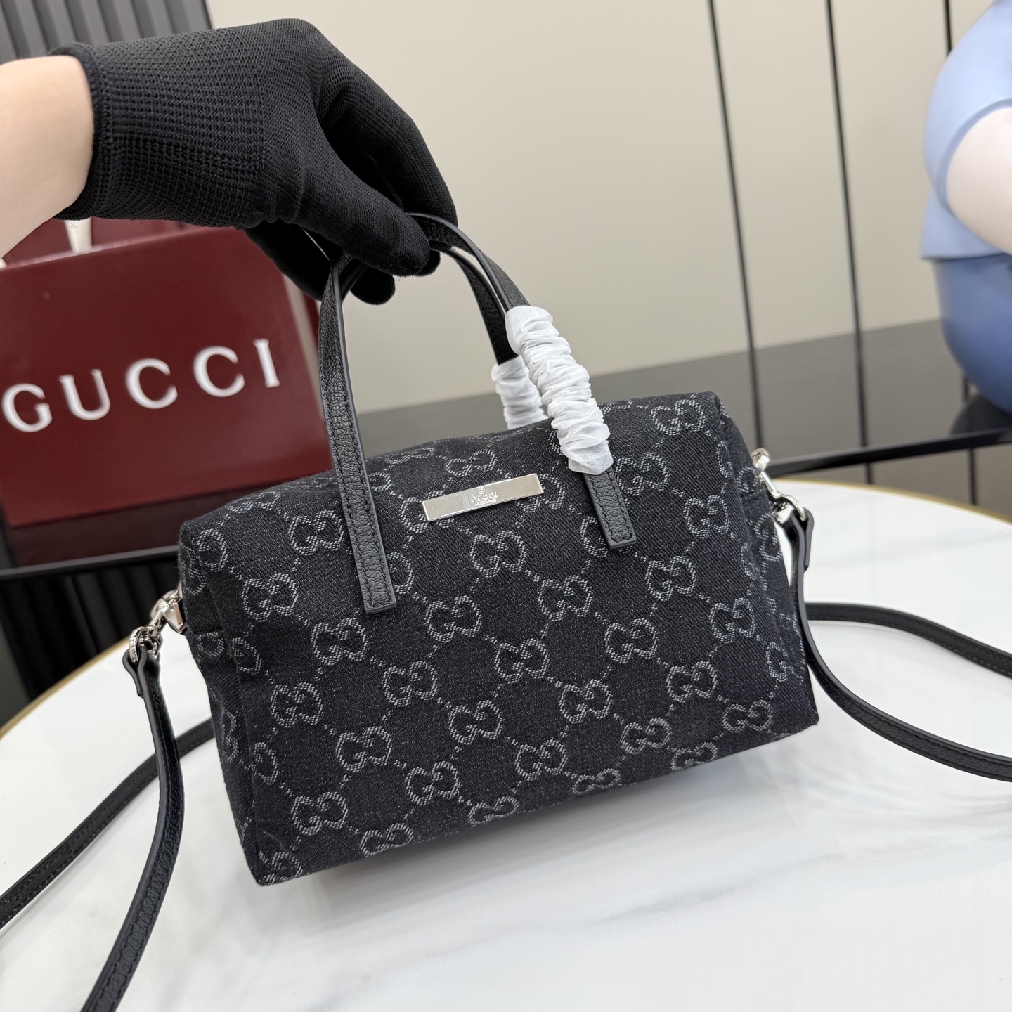 gucci small black gg denim boston bag