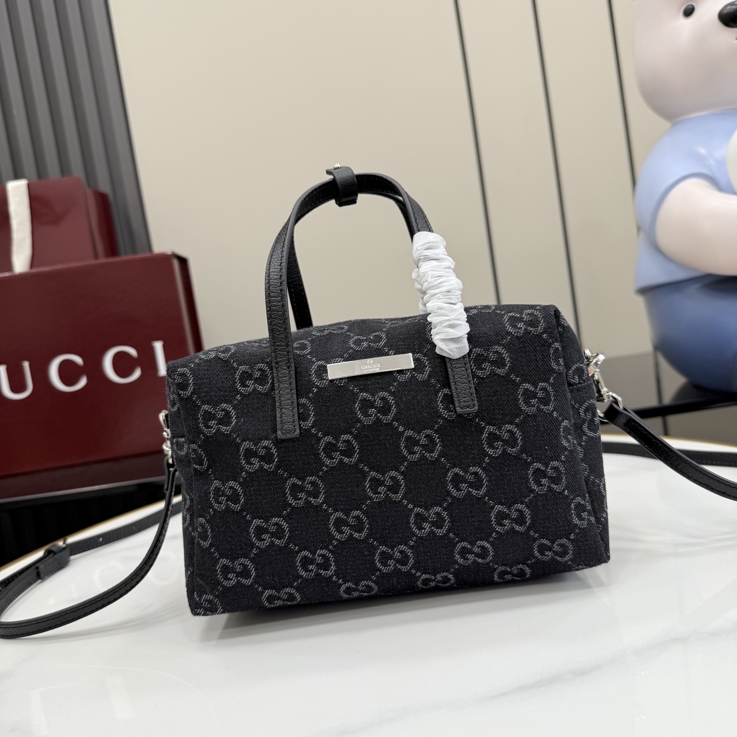gucci small black gg denim boston bag