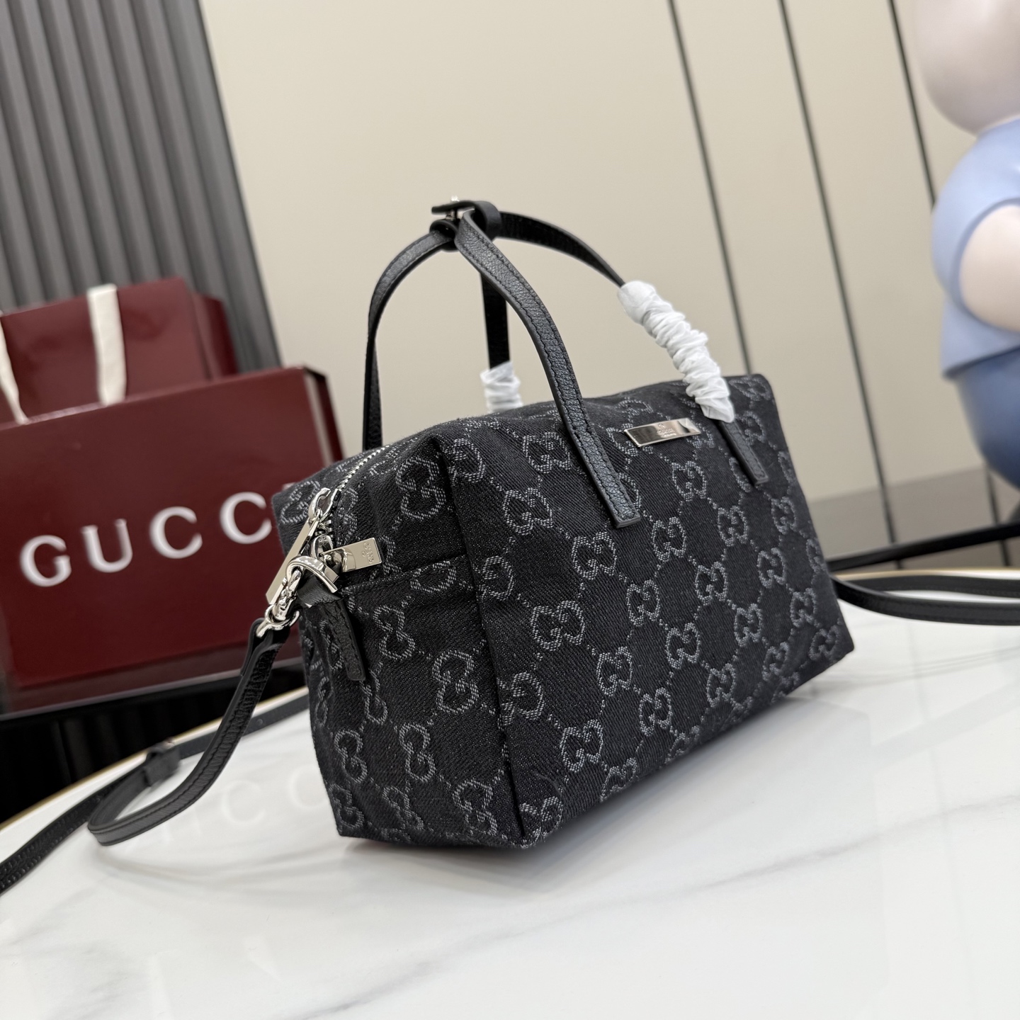gucci small black gg denim boston bag