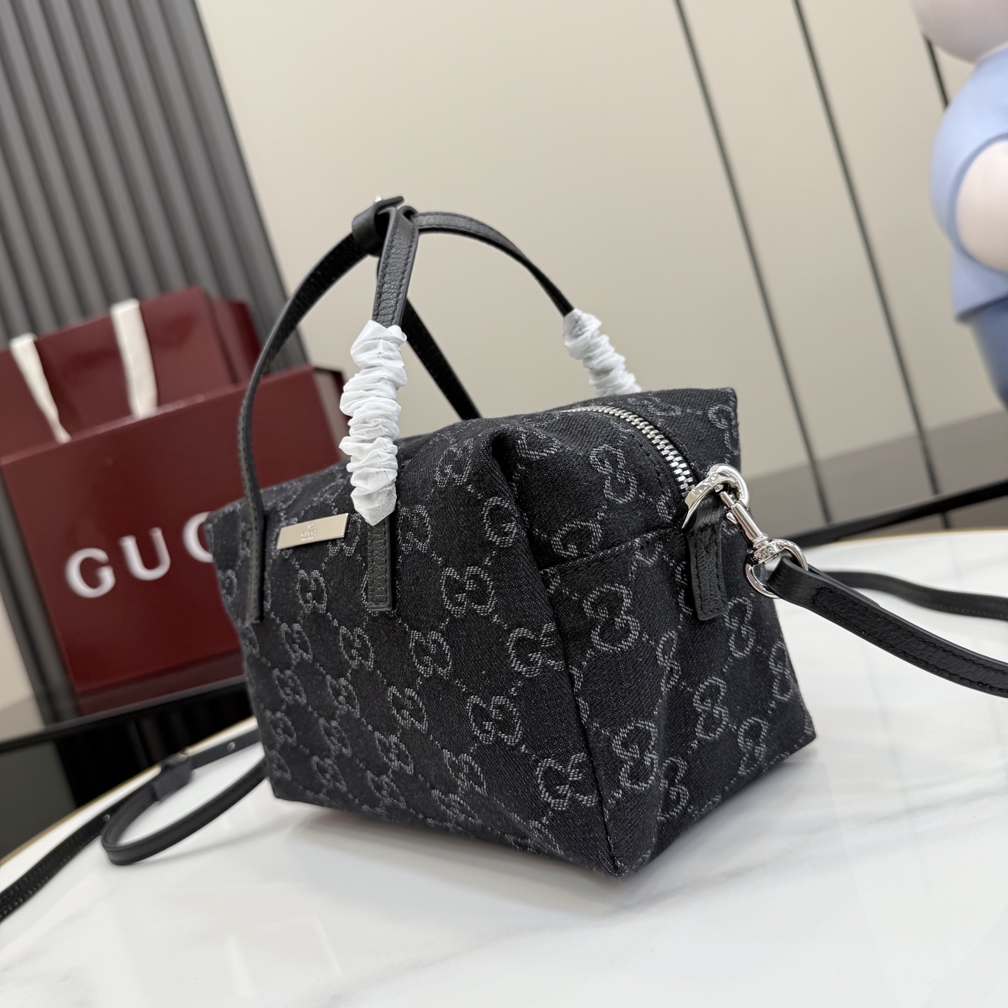 gucci small black gg denim boston bag