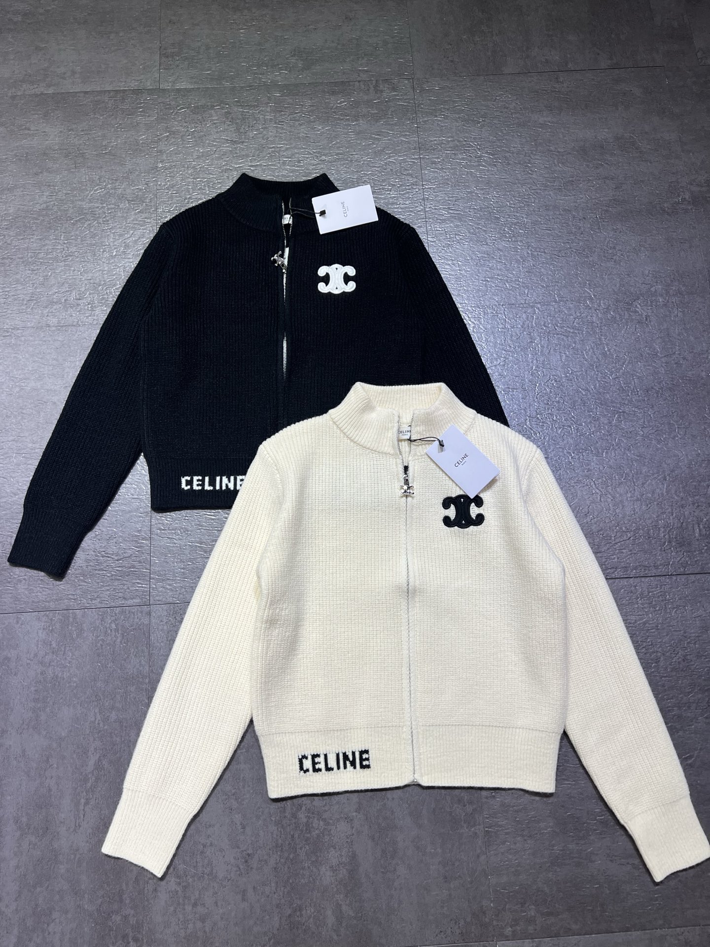 Celine Ribbed Logo Zip Cardigan