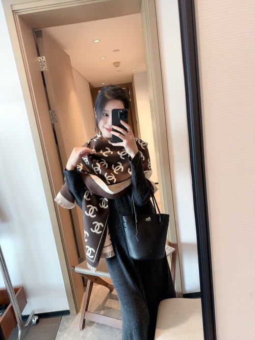 Elegant Women's Scarf with Classic CC Design, 65*180cm - Timeless Style 1 Elegant Women's Scarf with Classic CC Design, 65*180cm - Timeless Style