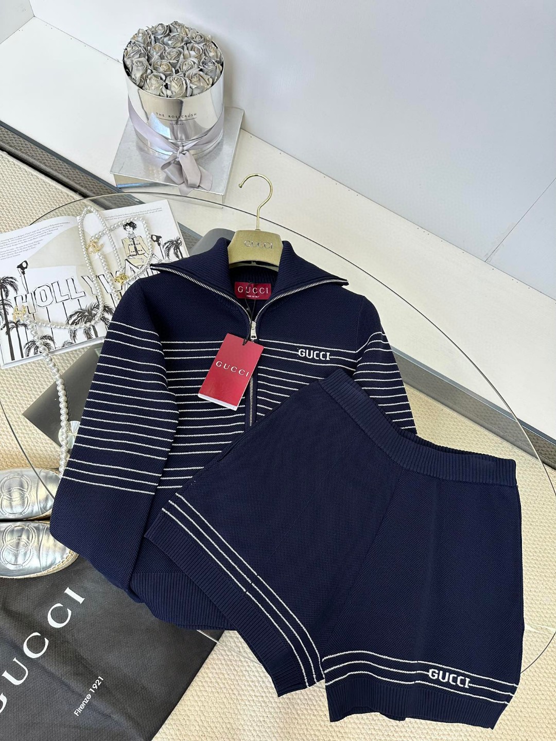 Gucci Women's Navy White Striped Knit Zip Jacket & Shorts Set