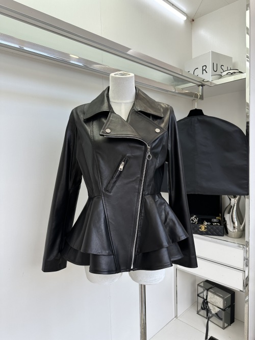 Women's Black Leather Ruffle Peplum Moto Jacket - Size M (Bust 94cm) 1 Women's Black Leather Ruffle Peplum Moto Jacket - Size M (Bust 94cm)