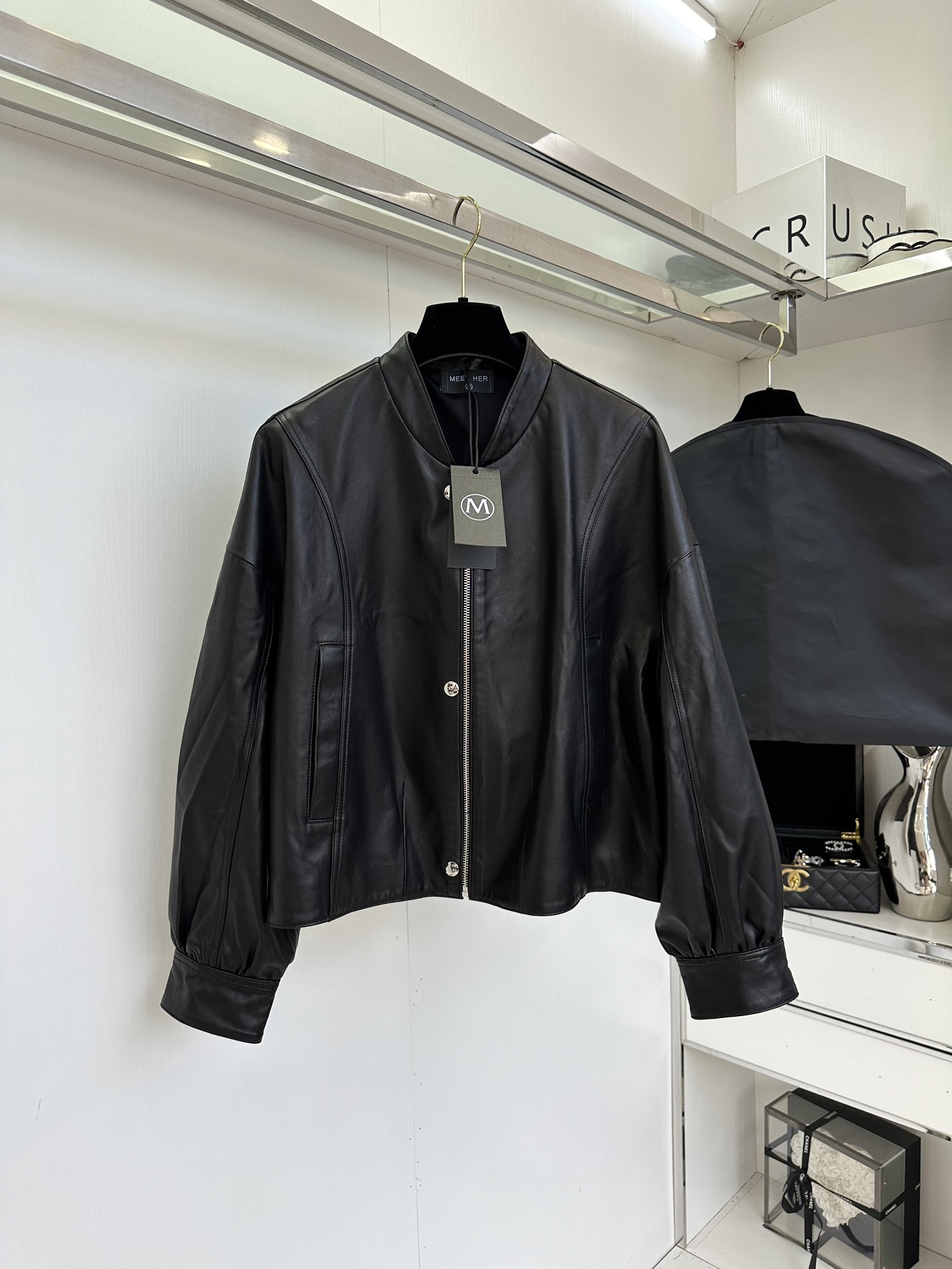 Women's Black Leather Bomber Jacket, Size S, Stylish and Comfortable