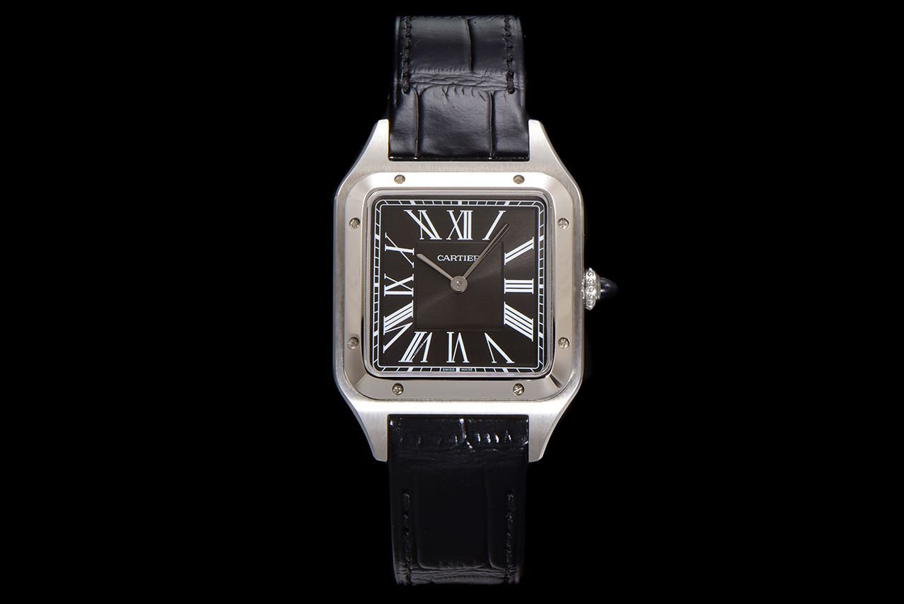 Cartier Santos Dumont Watch, Black Dial, Leather Strap, Silver Stainless Steel 2 a1724521785248 0837