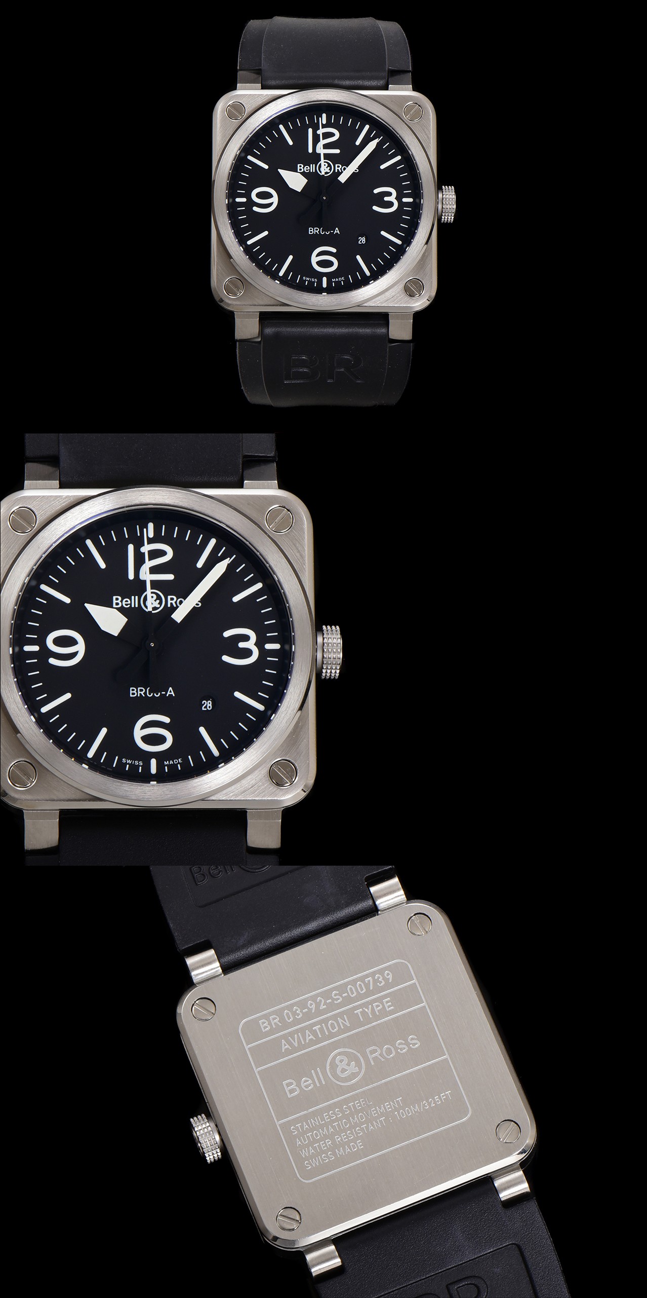 NO:336926,Gold BR Bell & Ross four-pin, BR 03-93 OT5 imported automatic winding mechanical movement Functional hour hand, minute hand, second hand, date and 24-hour second time zone on bezel (GMT/World Time Series). Case diameter 42mm, satin-modified polished steel case. Fixed bezel with scale. Dial black. Metal inlaid numbers and hour markers. Metal hollow Superluminova luminescent material hour and minute hands. Mirror with anti-glare coating sapphire crystal glass mirror. Waterproof performance meters. Strap black calfskin with hot stamping finish. Cuff pin buckle. Satin polished steel mechanical watch,,,cowhide19860909金 BR Bell & Ross 四针, 柏莱仕 BR 03-93 OT5 机芯进口自动上弦机械机芯 功能时针、分针、秒针、日期和表圈上的24小时第二时区 (GMT/世界时系列). 表壳直径42mm,缎光修饰的抛光精钢表壳.带刻度的固定式表圈. 表盘黑色.金属镶贴数字和时标. 金属镂空Superluminova夜光材料时针和分针. 表镜带防眩目涂层的蓝宝石水晶玻璃表镜.防水性能米. 表带黑色小牛皮,带有热压印饰面 表扣插针式表扣.缎光抛光精钢机械腕表,,,cowhide,Watch