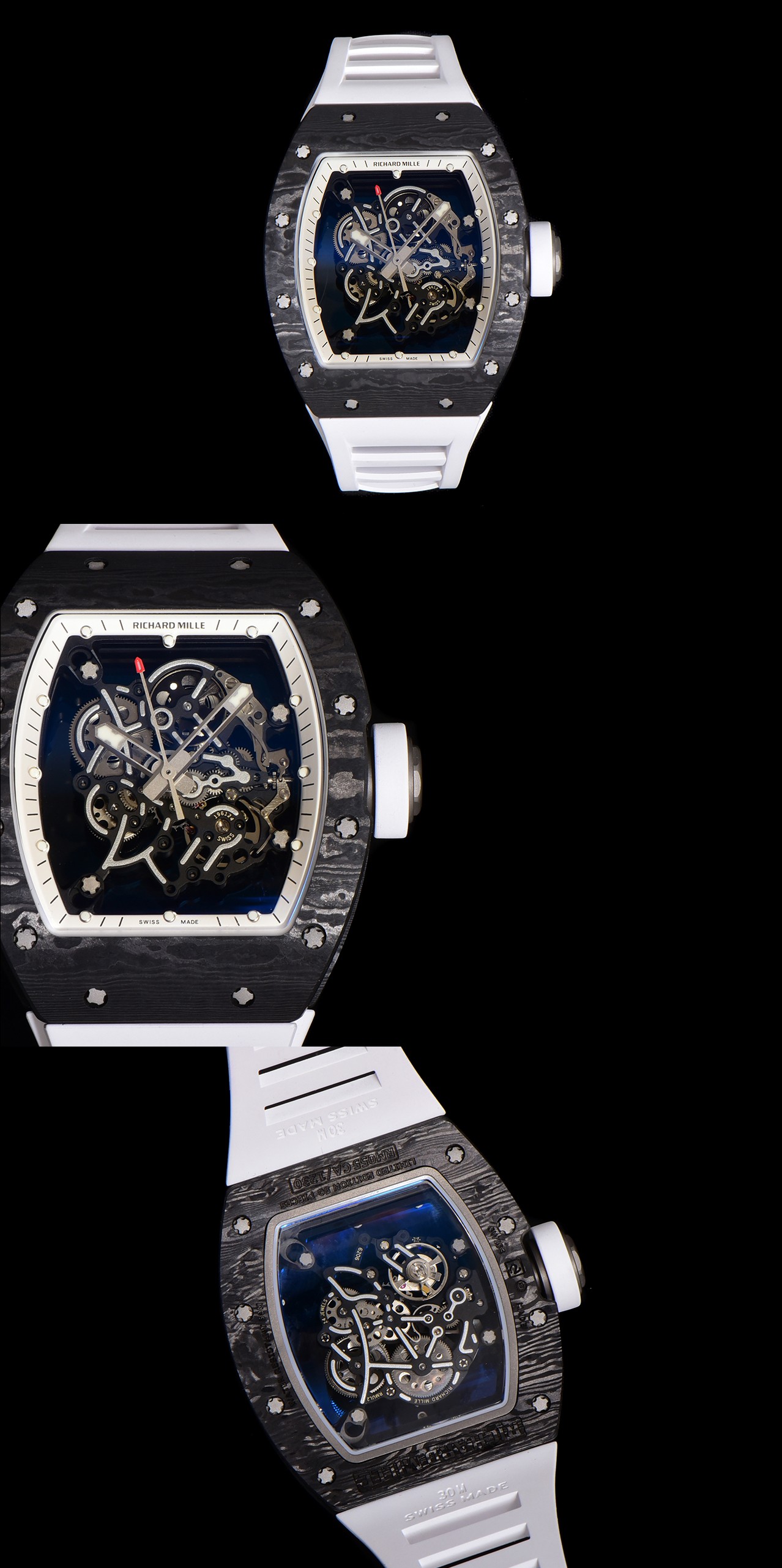NO:882277,ML factory debuts. Founded by noob's capable engineers, it launches the new Richard Mille RM-all series of colors, and the entire watch size is copied from the original version. ①The case is made of aviation titanium metal that is melted at high temperature and wrapped in environmentally friendly fluorine rubber, which is light and comfortable. ②The case surface is made of ceramic materials imported from South Korea. ③The glass is made of high-definition sapphire mirror with purple-blue film. ④The strap is made of fluorine rubber material and is molded according to the original version and can be used interchangeably.  ⑤The bottom cover of each model is encoded in English according to the original data and is limited to a limited number. ⑥The buckle is made of titanium material with three-dimensional logo etching. ⑦It is equipped with Dandong caliber rmul2 integrated manual winding mechanical movement. Created with ML's ingenuity and striving for quality!  !  ,19860909ML factory 首发亮相 来自noob得力工程师创立 全新推出理查德米勒RM-全系配色,整表尺寸弧度抄写原版 ①表壳采用航空钛金属高温烧融包裹环保氟橡胶,轻盈舒适 ②表壳面片采用韩国进口陶瓷材质一体成型, ③玻璃采用高清蓝宝石镜面幻紫蓝色膜 ④表带采用氟橡胶材质按原版起模,可以互换使用 ⑤每一款底盖都是按照原版数据编码英文,限量区分 ⑥表扣采用钛金属材质制作,立体logo蚀刻 ⑦搭载丹东caliber rmul2一体手动上链机械机芯 ML匠心打造 力争品质！！,,Watch