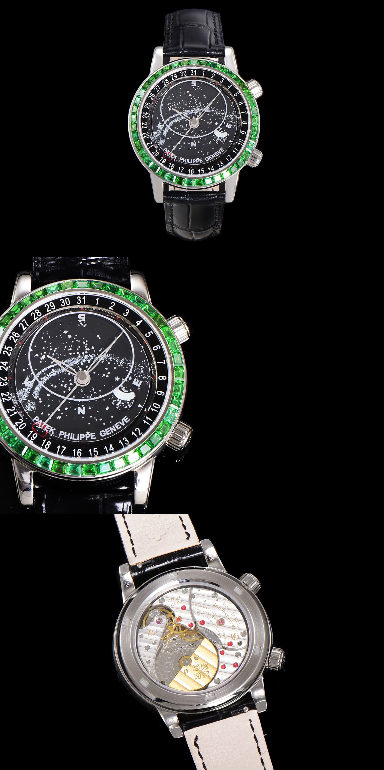 NO:641300,[3K Factory’s pinnacle new work] Patek Philippe PP-6104G Geneva Sky Series, the market’s top replica masterpiece, is here!  When the starry sky turns into the scenery on your wrist, 3K Factory spent two years crafting it to interpret the aesthetics of Patek Philippe's super complex functions to the extreme!  The clockwise calendar direction is corrected to be exactly the same as the official one, and the astrological function is almost perfect - the dial is engraved with the real sky map of Geneva, and matched with the original homologous enamel white moon phase. The moon automatically waxes and wanes with the natural cycle. Every time you raise your wrist, it is a dialogue with the starry sky.  Equipped with an original imported miyota fully automatic mechanical movement and modified Cla. movement, with an original pearl 18K gold automatic hammer, the travel time is accurate and stable, and the performance is comparable to the genuine product; the bezel is inlaid with 45 bright gems, and the buckle is embellished with 28 rare crystals, showing a luxurious texture between light and shadow; the micro-arched anti-glare treatment mirror has a three-dimensional and transparent refraction effect, allowing the details of the dial to be clearly visible, and the texture is upgraded to another level.  Produced by 3K, it must be a high-quality product!  Restore the essence of high-end watches with ultimate craftsmanship, and invite all watch lovers to appreciate the extraordinary charm of the starry sky between your wrists, patek philippe19860909【3K Factory 巅峰新作】百达翡丽PP-6104G 日内瓦苍穹系列 市场顶级复刻神作震撼来袭！ 当星空化作腕间风景,3K Factory耗时两年匠心雕琢,将百达翡丽超级复杂功能美学演绎到极致！修正与官方完全一致的顺时针日历方向,星象功能直逼完美境界——表盘复刻日内瓦真实苍穹图,搭配原装同源搪瓷白月相,月亮随自然周期自动阴晴圆缺,每一次抬腕都是与星空的对话. 搭载原装进口miyota全自动机械机芯改制Cla.机芯,搭配原装珍珠18K金自动锤,走时精准稳定,性能媲美正品；表圈镶嵌45颗璀璨宝石,表扣点缀28颗珍稀晶石,光影流转间尽显奢华质感；微拱形防眩目处理表镜,折射效果立体通透,让表盘细节清晰可见,质感再升一级. 3K出品,必属精品！以极致工艺还原高端腕表的精髓,邀各位表友共鉴腕间星空的非凡魅力,,patek philippe,Watch