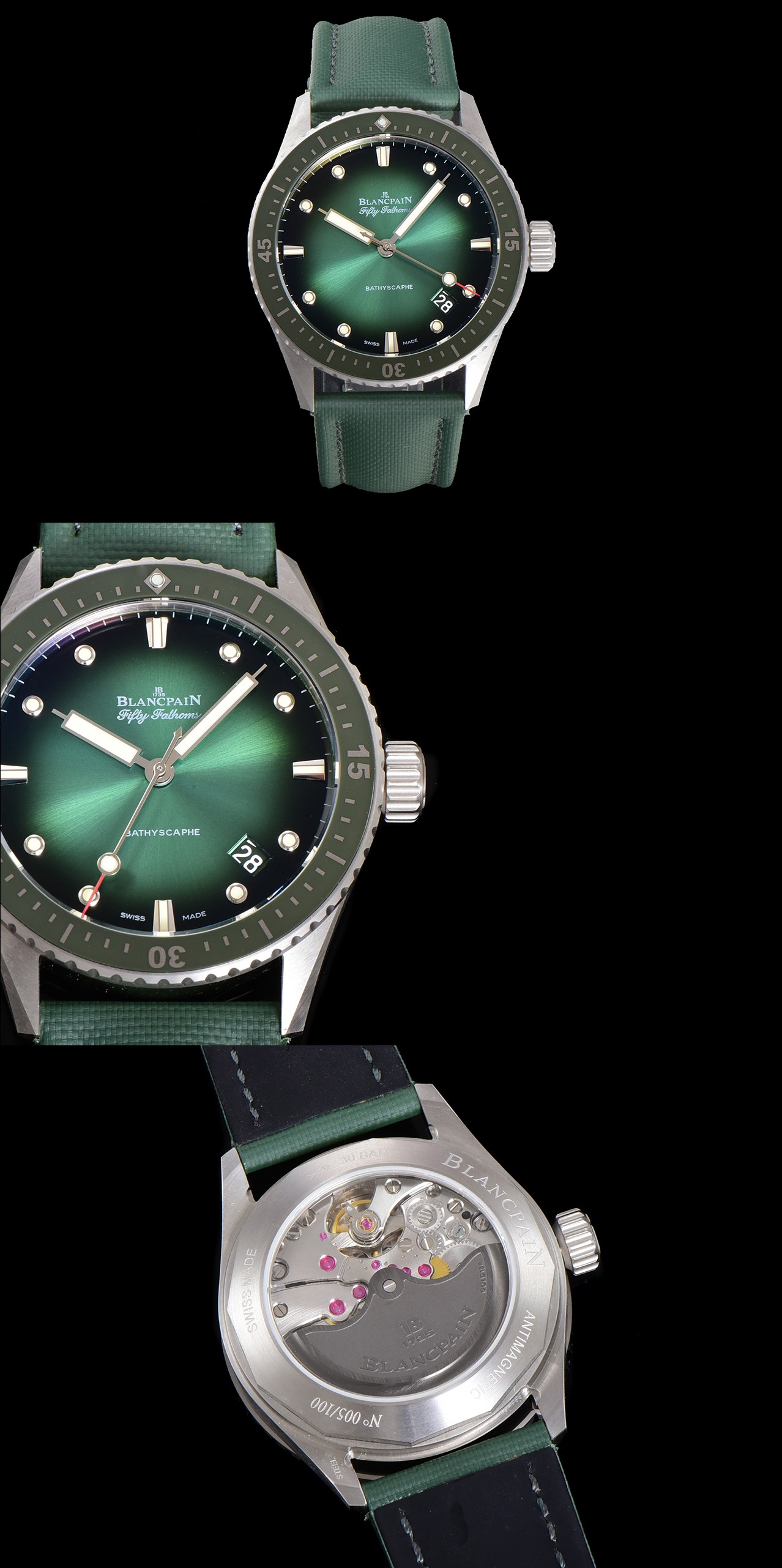 NO:641304,GF specially recommends Blancpain to launch two new interpretations of Fifty Fathoms Bathyscaphe, which use light as a design symbol. For the first time, Super-LumiNova extends to the bezel, illuminating the watch together with the white gold luminous hour markers and the dazzling blue sunray dial. This harmony of light is displayed in the new blue ceramic case - born under the deep sea, designed to show its full intensity in daylight.  Each watch is presented in soft or intense light, with a distinctive blue sunray dial and luminous details, showing a unique charm. White gold hour markers capture and reflect light, enhancing the luster and contrast of the dial. The two light expressions interweave the signature glow of natural Super-LumiNova, and the delicate modernity of tonal blue luminescence. The bezel traditionally made of Liquidmetal now also shines with Super-LumiNova, forming a seamless light balance that extends to the fluorescent stitching on the canvas strap.  Where a love of the sea and a spirit of innovation meet, Blancpain brings a new blue ceramic expression to the world of Fifty Fathoms Bathyscaphe. The hue evokes the mysterious atmosphere of the deep sea - where the light gradually fades but never completely disappears. The 43.6 mm satin-brushed case is water-resistant to 30 bar and combines exceptional durability with refined technical aesthetics. The Bathyscaphe is equipped with Blancpain's famous Caliber  The movement is renowned for its sturdiness and precision. This automatic movement is equipped with three series-connected barrels, providing a power reserve of up to 1 hour. The exquisite polishing visible through the sapphire crystal bottom cover shows Blancpain's watchmaking craftsmanship - a perfect fusion of technology and beauty. Can withstand the test of time and the deep sea, the blue abyss ceramic embodies Blancpain's sustainable pursuit of the concept of integrating innovation, elegance and heritage.19860909GF特别推荐Blancpain 推出两款全新 Fifty Fathoms Bathyscaphe 诠释,将光线作为设计标志.首次,Super-LumiNova 延伸至表圈,与白金发光时标和耀眼的蓝色放射纹表盘共同照亮腕表.这份光的和谐展现在全新蓝色陶瓷表壳中——诞生于深海之下,设计旨在日光中展现其全部强度. 每款腕表都以柔和或强烈的光感呈现,搭配鲜明的蓝色放射纹表盘与发光细节,展现独特魅力.白金时标捕捉并反射光线,增强表盘的光泽与对比效果.两种光感表达交织自然 Super-LumiNova 的标志性光芒,以及同色系蓝色发光的细腻现代感.传统采用 Liquidmetal 制成的表圈如今也闪耀着 Super-LumiNova,形成无缝的光感平衡,延伸至帆布表带上的荧光缝线. 在对海洋的热爱与创新精神交汇之处,Blancpain 为 Fifty Fathoms Bathyscaphe 世界注入全新蓝色陶瓷表达.这一色调唤起深海的神秘氛围——光线逐渐消逝,却从未完全消失.43.6 毫米的缎面拉丝表壳具备 30 巴防水性能,兼具卓越耐用性与精致技术美学. Bathyscaphe 搭载 Blancpain 著名的 Calibre 机芯,以坚固与精准著称.此自动机芯配备三个串联发条盒,提供长达 小时的动力储备.透过蓝宝石水晶底盖可见的精致打磨,展现 Blancpain 的制表工艺——技术与美感完美融合.能抵御时间与深海的考验,蓝色深渊陶瓷体现 Blancpain 永续追求的理念融合创新、优雅与传承.,,Watch