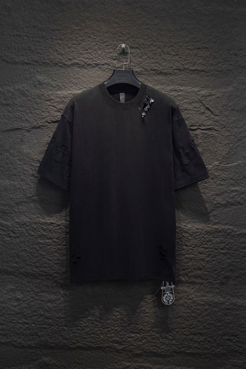 Chrome Hearts OS Fit T-Shirt - Distressed Black Cotton Tee with Embroidered Details 1 Chrome Hearts OS Fit T-Shirt - Distressed Black Cotton Tee with Embroidered Details