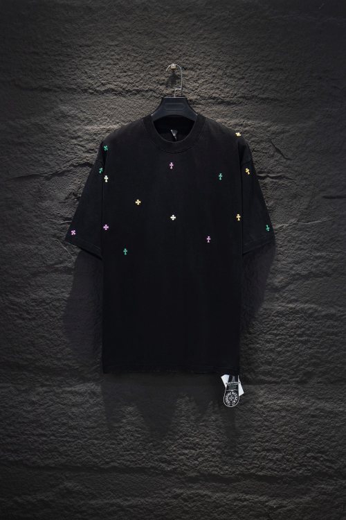 Chrome Hearts OS Fit Black T-Shirt with Colorful Crosses - Street Style 1 Chrome Hearts OS Fit Black T-Shirt with Colorful Crosses - Street Style