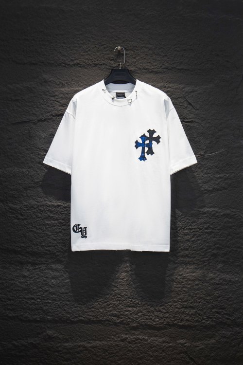 Chrome Hearts White Cotton T-Shirt with Blue Cross Embroidery