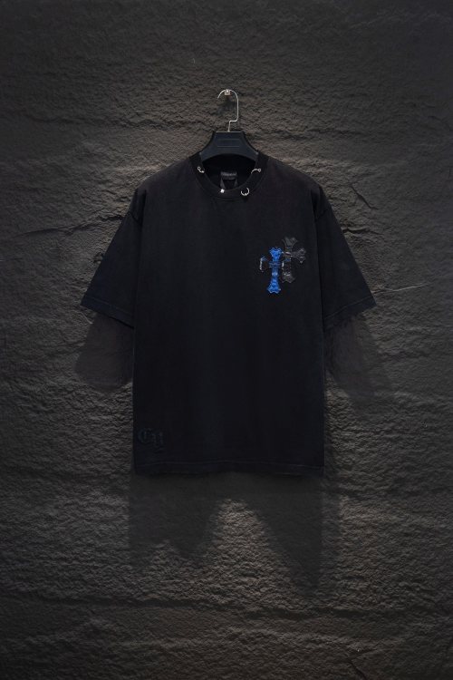 Chrome Hearts Heavyweight Cotton T-Shirt with Distressed Wash and Cross Patch 1 Chrome Hearts Heavyweight Cotton T-Shirt with Distressed Wash and Cross Patch