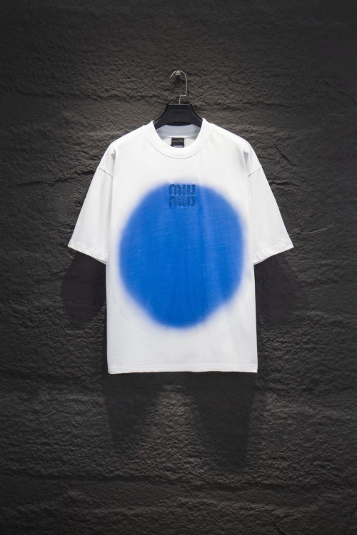 Miu Miu White Cotton T-Shirt with Blue Graphic Print - Short Sleeve Crew Neck