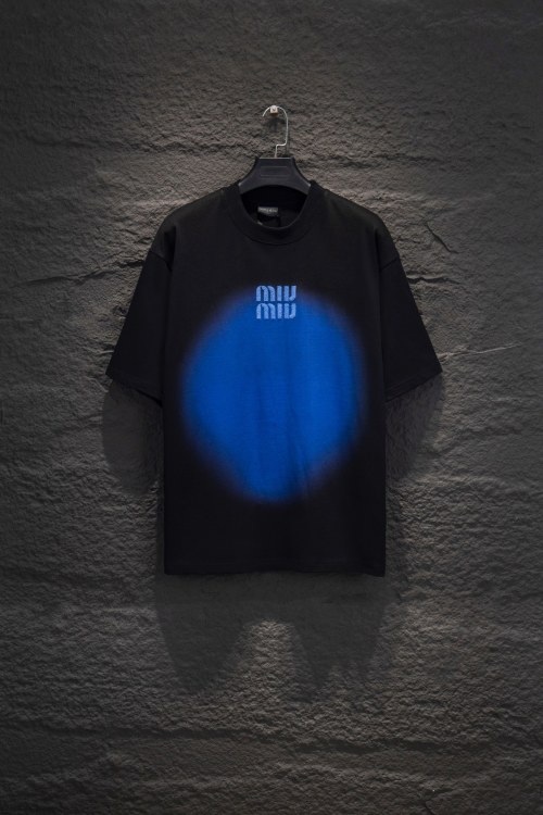 Miu Miu Black Cotton T-Shirt with Blue Logo Print - Stylish & Comfortable 1 Miu Miu Black Cotton T-Shirt with Blue Logo Print - Stylish & Comfortable