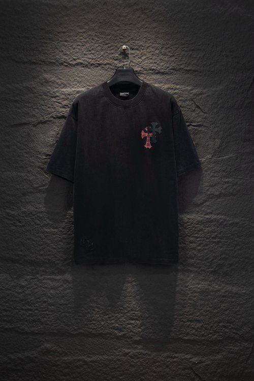 Chrome Hearts Vintage Wash Black Cotton T-Shirt with Cross Embroidery 1 Chrome Hearts Vintage Wash Black Cotton T-Shirt with Cross Embroidery