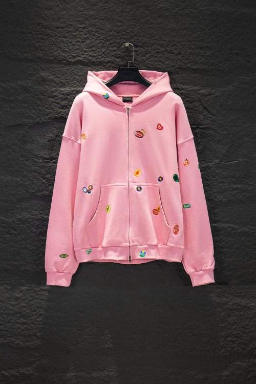 Balenciaga Inspired Pink Fruit Print Oversized Hooded Sweatshirt with Zipper 1 Balenciaga Inspired Pink Fruit Print Oversized Hooded Sweatshirt with Zipper