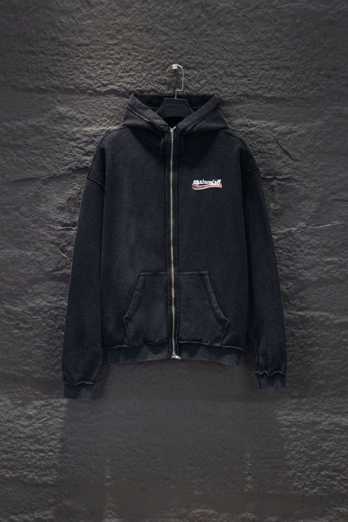 Balenciaga Distressed Embroidered Zip-Up Hoodie Oversized Fit - Washed Black 9 Balenciaga Distressed Embroidered Zip-Up Hoodie Oversized Fit - Washed Black