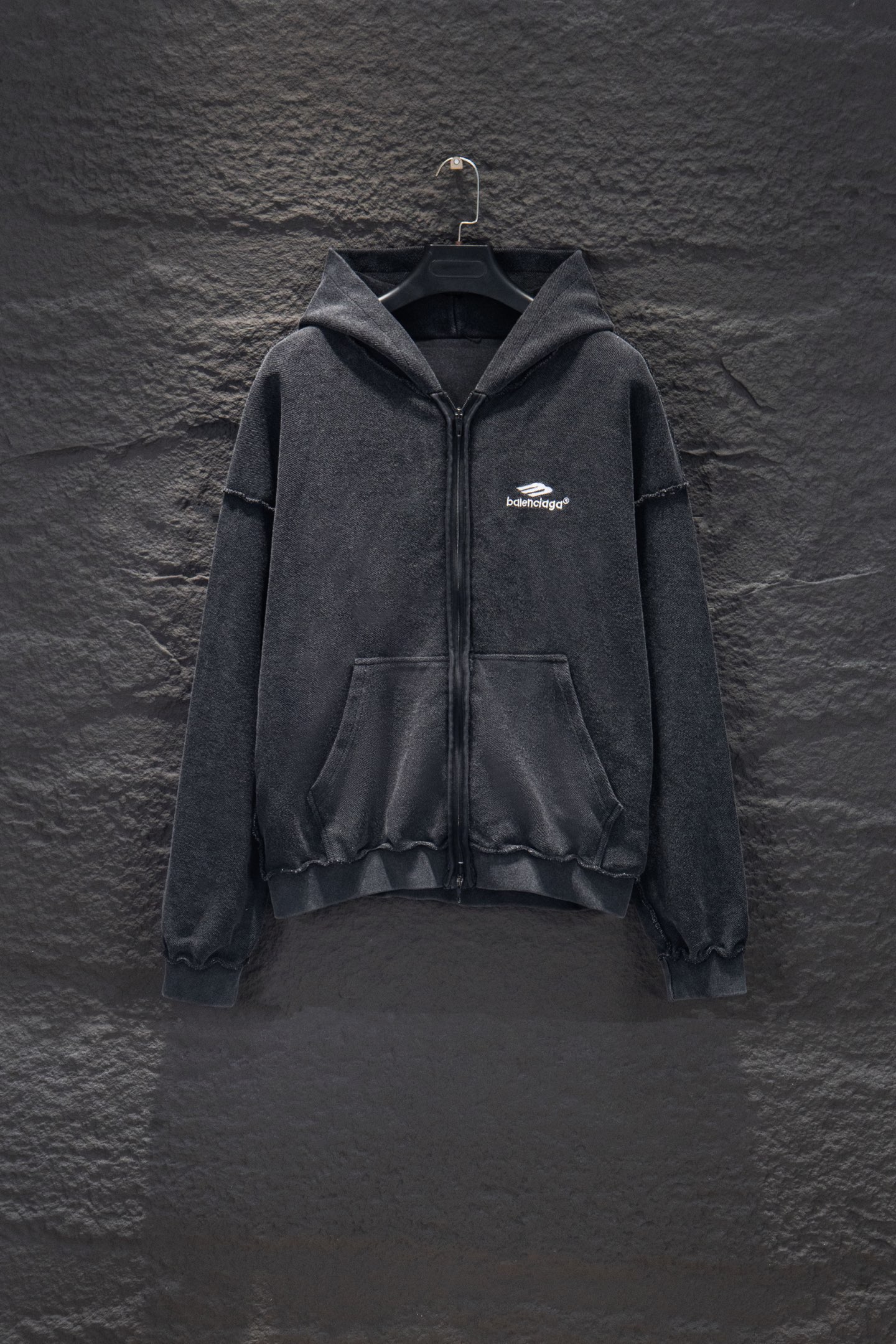 Balenciaga Distressed Embroidered Zip-Up Hoodie Cotton Black Wash