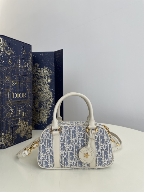 Dior D-Vibe Mini Bowling Bag Blue Jacquard and White Calfskin 1 Dior D-Vibe Mini Bowling Bag Blue Jacquard and White Calfskin