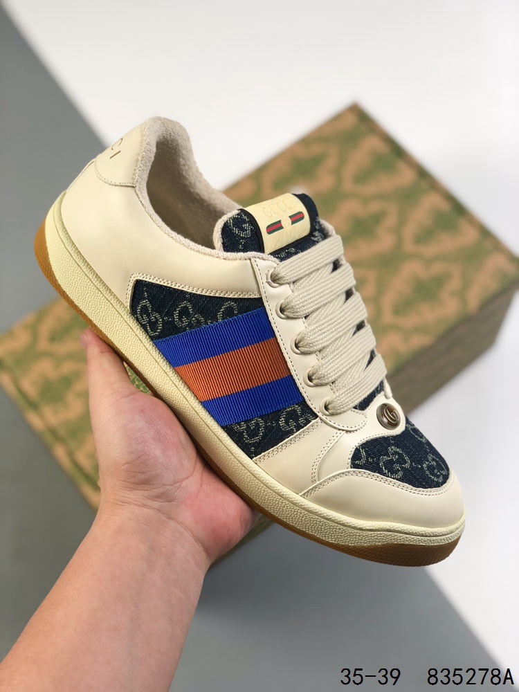 🈴️ 💰280
古驰 Gucci Distressed Screener sneaker 古驰小脏鞋系列 经典原型复古百搭做旧小脏板鞋复古学院风 
码数：如图
ID：835278A