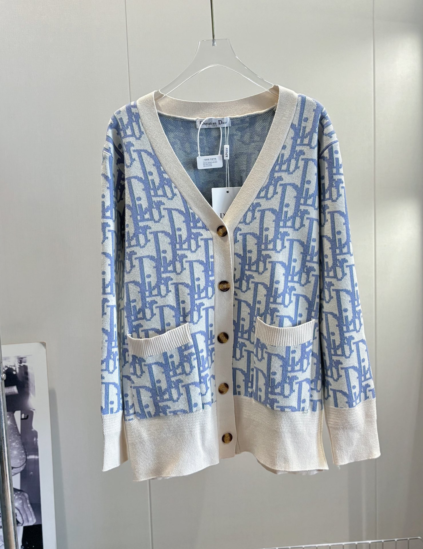 Dior Clothing Cardigans Knit Sweater Blue White Knitting