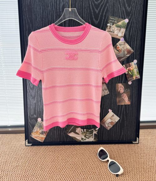 Celine Pink Striped Knit Short Sleeve Top with Triomphe Logo 1 Celine Pink Striped Knit Short Sleeve Top with Triomphe Logo