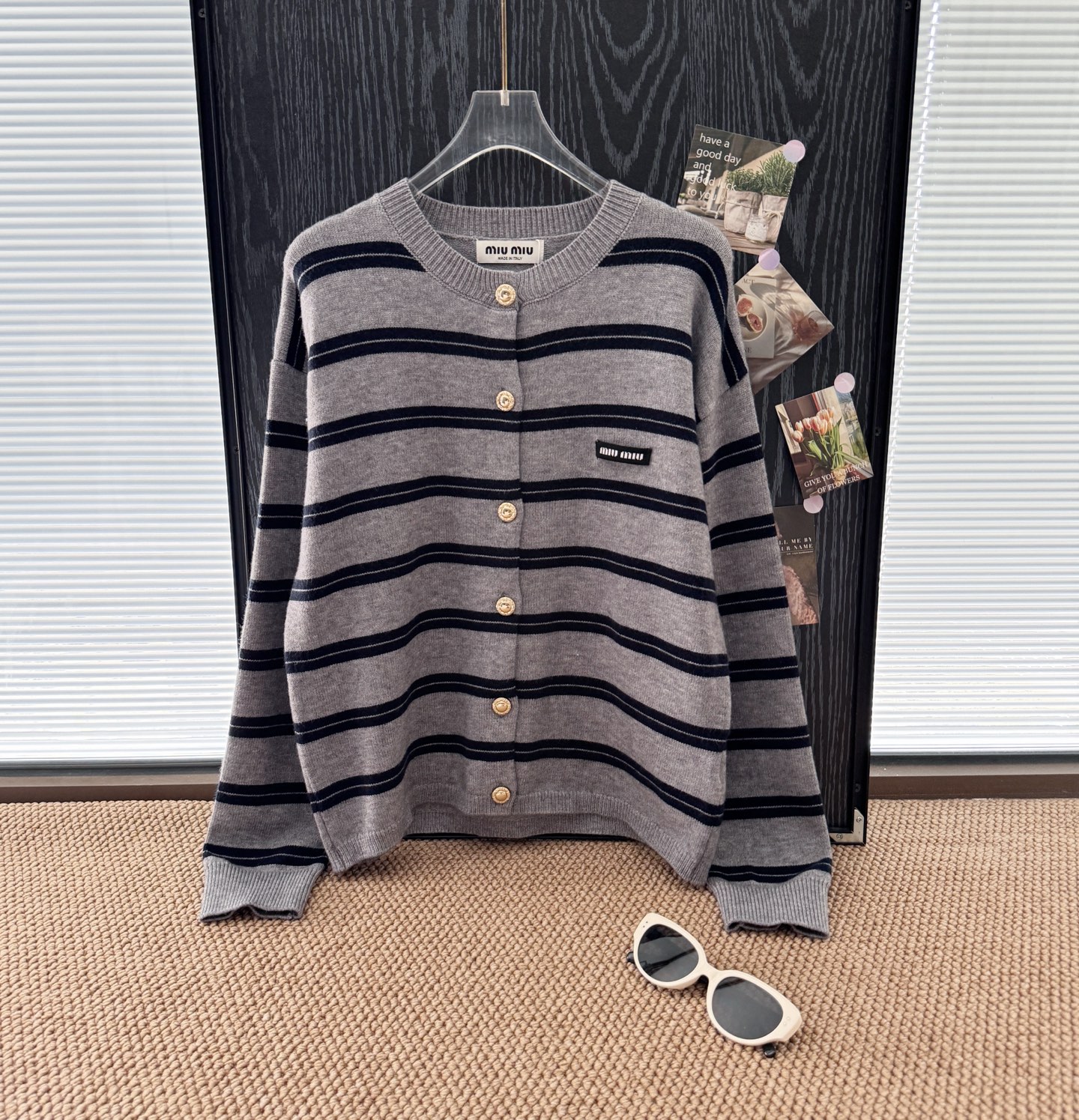 Miu Miu Striped Wool Cardigan, Black & Grey Knitwear with Gold Button Detail